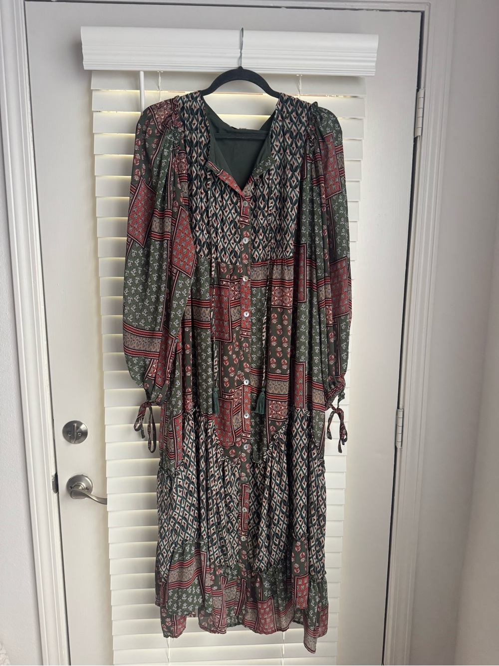Boho Patchwork Maxi Dress in Olive & Burgundy